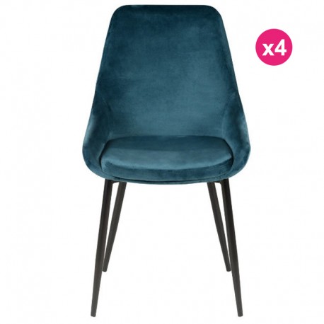 Lot de 4 Chaises Repas Velours Bleu avec Piétement Métal Noir Kari KosyForm